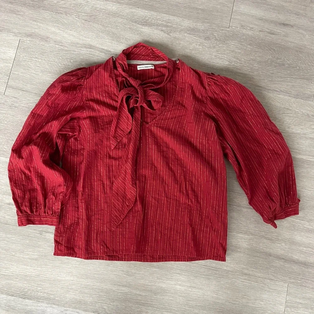 Ulla Johnson Julie Blouse Size 6 Red Gold Tie Neck Puff Sleeve‎ Metallic Stripe